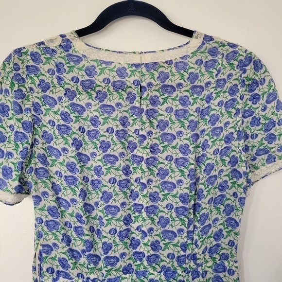 Vintage Jerold Blue Floral and White Lace Short Sleeve Dress S/M - Picture 8 of 8